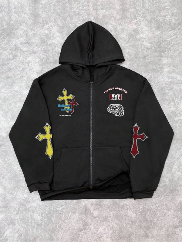 Manfinity ZONE917 Men's Loose Street-Style Vintage Multi-Color Metal Cross Cartoon Red Jesus Print Black Knitted Cardigan Hoodie In Standard Sizing.