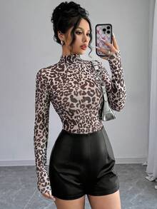 SHEIN Privé 1 chiếc áo cánh tay dài cổ cao họa tiết da báo cho nữ, vải co giãn cao - Nhiều màu - Xem 5