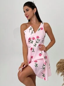 SHEIN Privé 女士夏季休闲优雅度假浪漫婚礼花卉印花不对称 A 字迷你连衣裙 - 粉色 - 查看 4