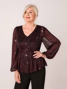 SHEIN LUNE 秋季女士酒红色优雅派对 V 领灯笼袖衬衫 - 彩色 - 查看 3