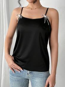 Chiquease Shiny Satin Crystal Bowknot Decor Camisole