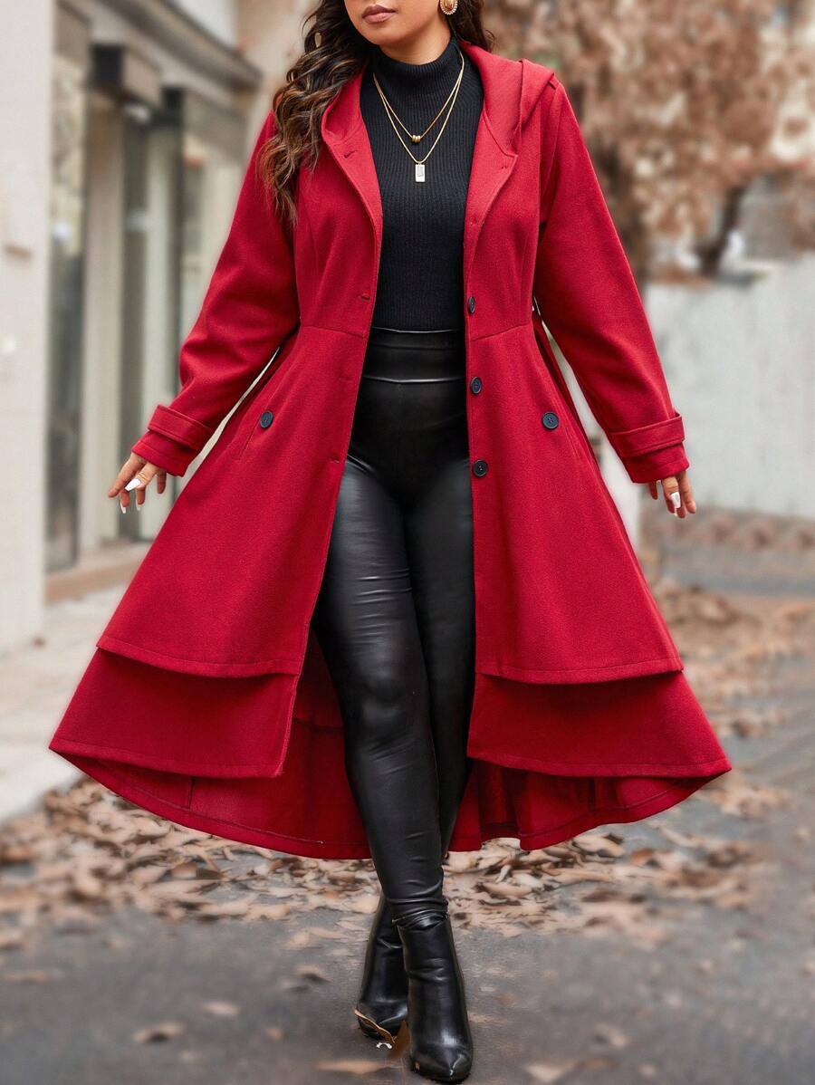 SHEIN Unity 大码女式优雅双层下摆连帽长袖针织大衣，秋冬款 - 酒紅色 - 查看 1