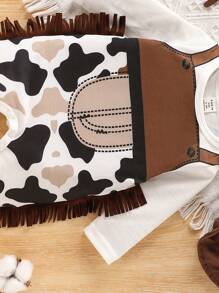 SHEIN Mono de vaquero del oeste lindo para bebé niño con flecos, estampado de vaca, manga larga, adecuado para todas las estaciones, excelente para disfraces de Halloween, sesiones de fotos y fiestas - Blanco - Ver 3