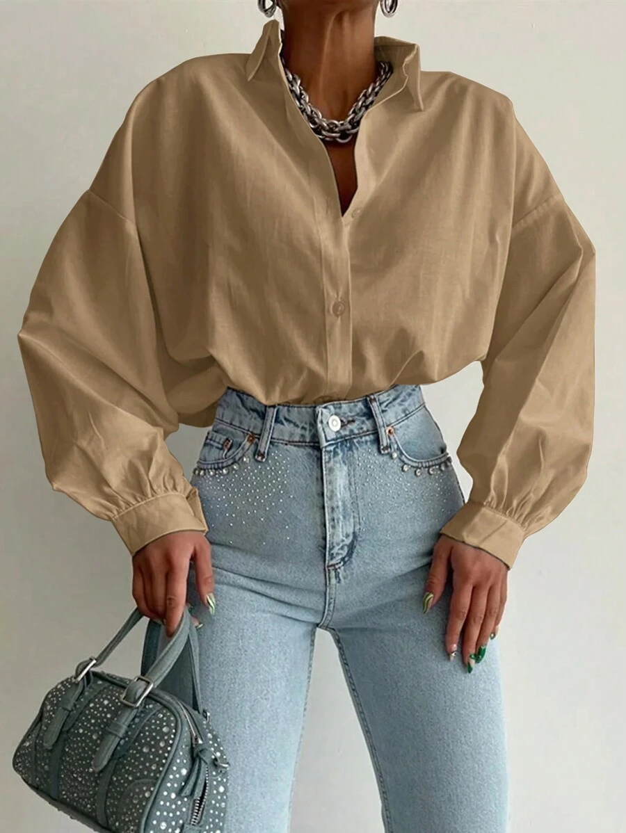 EURMUSE Solid Drop Shoulder Button Front Shirt - Khaki - View 1