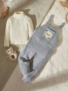 男婴高领针织底层围兜和有线裤套装 - 灰色 - 查看 3