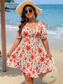 Breezaya Plus Size Front Tie Short Sleeve Floral Allover Print Casual Vacation Dress