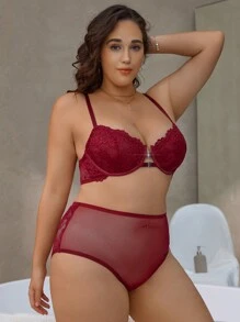 Plus Size Lingerie Set, Romantic & Simplistic Lace Patchwork Front Button, Comfortable Daily Wear - Burgundy - View 4