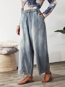 Quần jean ống rộng cạp chun, dáng rộng, thường ngày đa năng cho nữ - Màu xanh lam - Xem 3