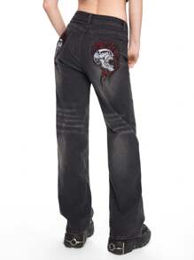 ROMWE Grunge Punk Quần Jeans Ống Thẳng Thêu Lửa Phong Cách Punk Cho Nữ - Xám - Xem 5