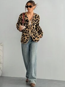 Flirla Leopard Print Faux Suede Front Tie Long Sleeve Casual Jacket - Brown - View 6