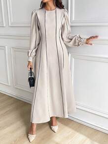 Seusyu 女士圆领长袖休闲时尚优雅阿拉伯风格朴素连衣裙 - 杏色 - 查看 3