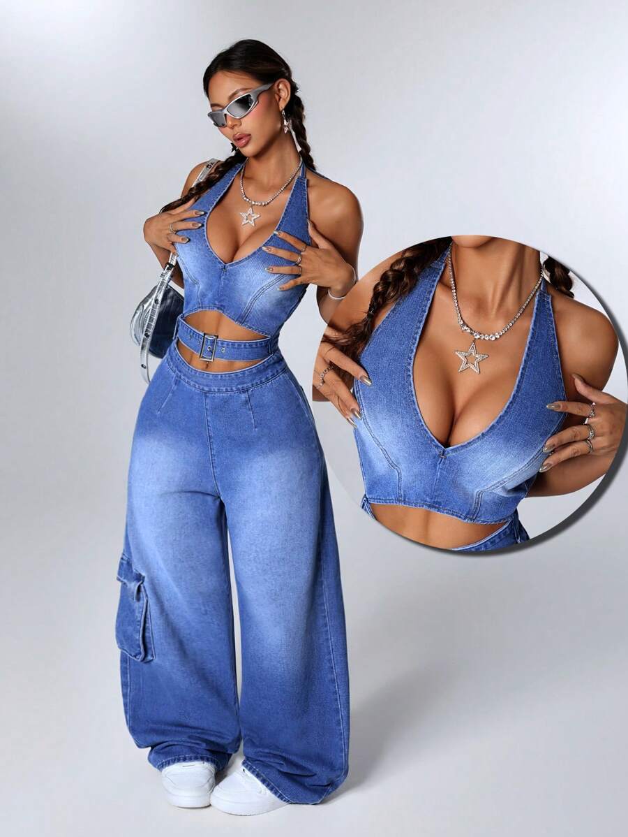 Jeanoix 女士夏季时尚镂空牛仔连体裤 - 藍色 - 查看 1