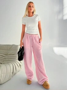 SHEIN EZwear Women's Drawstring Straight Leg Casual Fashionable Street Style Pants - Pink - View 3