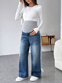 SHEIN Jeans droits décontractés amples pour femmes enceintes avec nœud à la taille