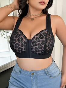 1pc Plus Size Front Button Closure Contrast Lace Wirefree Brassiere Lingerie - Black - View 3