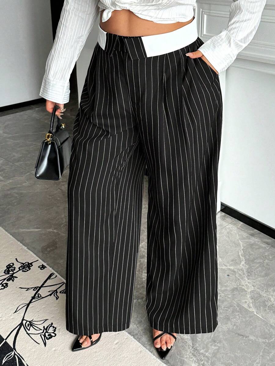 SHEIN SXY 大码女式条纹撞色腰带宽松休闲阔腿裤 - 紅白色 - 查看 1