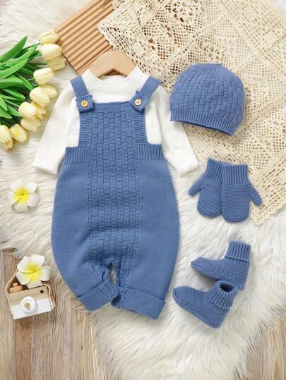 SHEIN 新生男婴纯色圆领长袖上衣和宽松系带纽扣简约毛衣连体衣