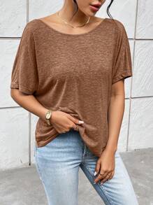 SHEIN Essnce 女士夏季休闲露背扭结 T 恤 - 咖啡棕 - 查看 4