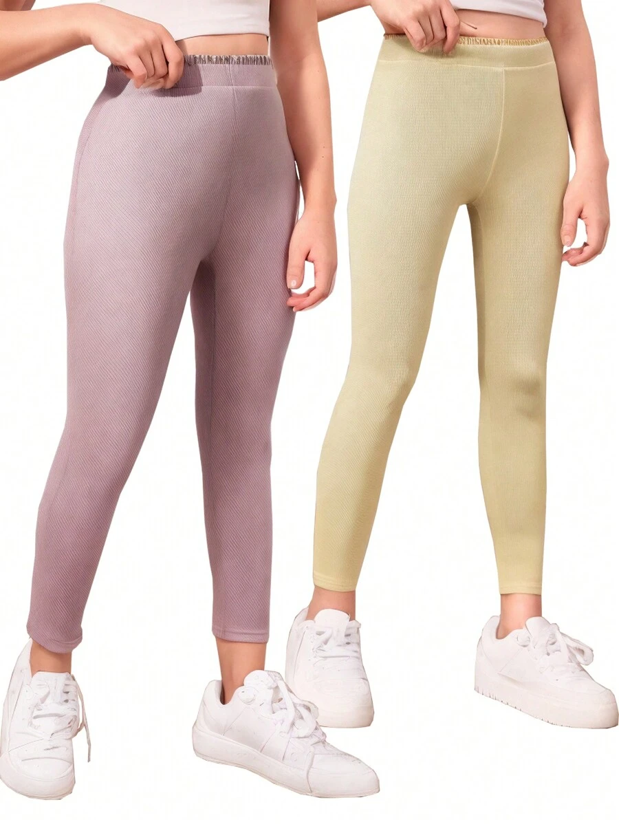2pcs Tween Girl Plain Color Ribbed Waist Trim Long Leggings Set - Multicolor - View 1