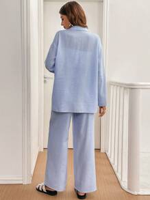 SHEIN Frenchy Winter Set Women Clothes Women Blouses Women's Solid Color Single-Breasted Roll-Up Sleeve Shirt And Wide-Leg Pants Fall Women Outfits Winter Women Sets Winter Two Pieces Sets Long Sleeve Set Casual - Blue and White - View 2