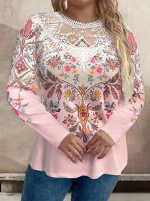 SHEIN LUNE 大码精致玫瑰印花撞色刺绣领宽松优雅 T 恤 - 彩色 - 查看 3