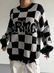 DAZY Suéter casual de mujer con bloqueo de color, estampado de letra de pata de gallo y efecto desgastado, a cuadros de otoño - Negro - Ver 3