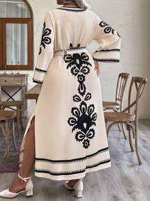 Celure Đầm Maxi Thanh Lịch In Hoa Cổ Chữ V Tay Dài Thắt Eo Cỡ Lớn Cho Nữ - Màu be - Xem 2