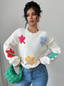 Chiquease Handmade Maple Leaf Knitted Sweater, Casual Autumn  Fall Winter Outfit - Beige - View 3