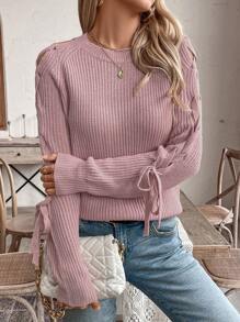 Chiquease 时尚交叉袖圆领宽松休闲毛衣，袖口系带 - 藕粉色 - 查看 4