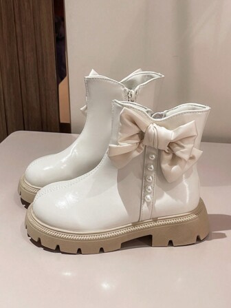 Botas de moda para niños, nuevas botas cortas de invierno con decoración de lazo y cuentas para niñas, botas de media pantorrilla planas, botines de motocicleta para estudiantes