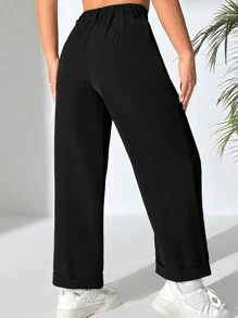 SHEIN VCAY Plus Size Solid Color Button-Front Casual Pants, Daily Wear - Black - View 2