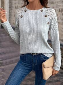 EMERY ROSE Women's Spring & Summer Contrast Lace Raglan Sleeve Button Decorated Casual Ribbed T-Shirt - Grey - View 4