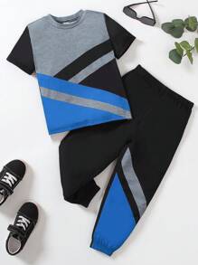 SHEIN Genkimix Kids 2pcs/Set Young Boys Color Block Round Neck Short Sleeve T-Shirt And Comfortable Color Block Loose Straight Leg Pants, Spring Summer Casual Outfit - Multicolor - View 1