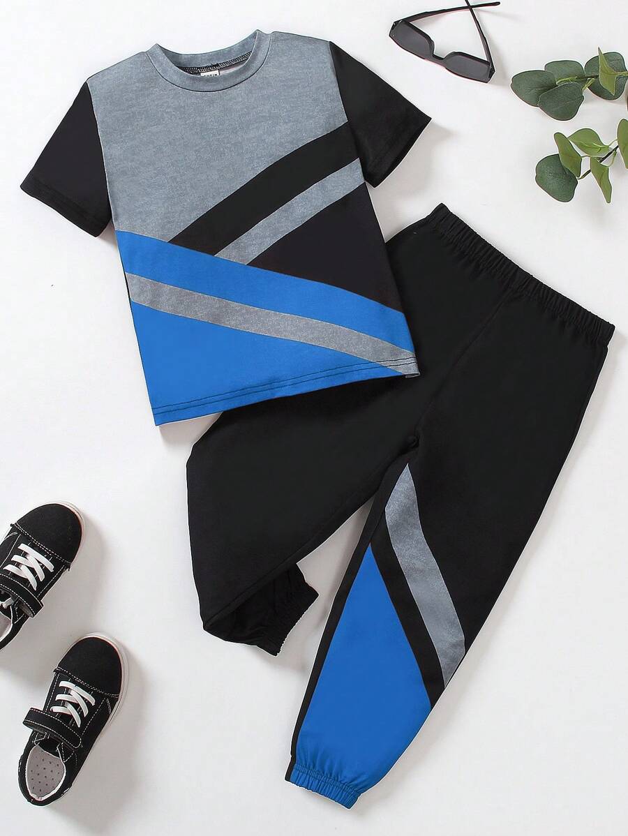 SHEIN Genkimix Kids 2pcs/Set Young Boys Color Block Round Neck Short Sleeve T-Shirt And Comfortable Color Block Loose Straight Leg Pants, Spring Summer Casual Outfit - Multicolor - View 1