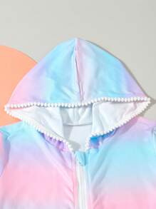 Jaqueta com zíper de cor gradiente para meninas com bainha de babados fofos, uso casual para primavera, verão, outono - Multicolorido - Ver 3