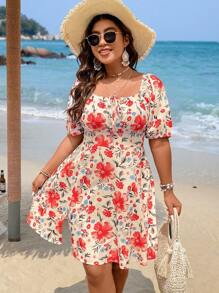 Breezaya Plus Size Front Tie Short Sleeve Floral Allover Print Casual Vacation Dress