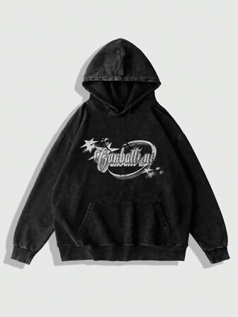 Prep Sweat-shirt à capuche imprimé simple pour homme avec poches inclinées, manches longues, noir