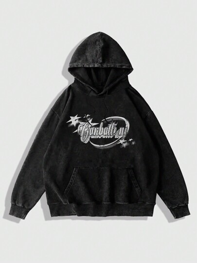 Prep Sudadera con capucha simple estampada con bolsillos en diagonal, sudadera de manga larga, negra, para hombre