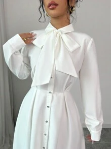 Elenzga Đầm Maxi Dài Thanh Lịch Cho Nữ Có Cổ Buộc, Thiết Kế Nếp Xếp Ly Và Nút - trắng - Xem 5