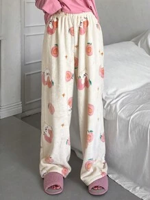 DAZY Cute Cartoon Pattern Flannel Thick Straight Leg Pajama Bottoms,Thermal Lined - Beige - View 6