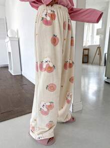 DAZY Cute Cartoon Pattern Flannel Thick Straight Leg Pajama Bottoms,Thermal Lined - Beige - View 5