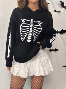 SHEIN EZwear 3件套女士万圣节南瓜骷髅印花连帽卫衣，秋冬款 - 彩色 - 查看 4