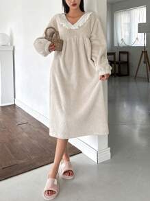 DAZY Flannel Ruffle Trim Loose Nightgown Pajama,Thermal Lined Fall,Winter - Grey - View 6