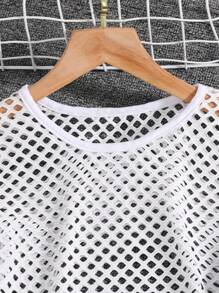 Tween Girls' Solid Tank Top + Button Front Pocket Skirt And Long Sleeve Hollow See-Through Blouse 3pcs Outfit - Medium Wash - View 6