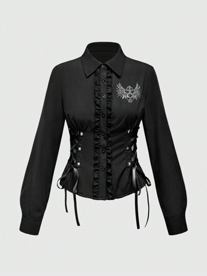 Grunge Punk Punk Subkultur Y2K schwarzes figurbetontes Langarmshirt mit Skelett Muster, Strass Verzierungen und Dehnbarkeit für Frauen