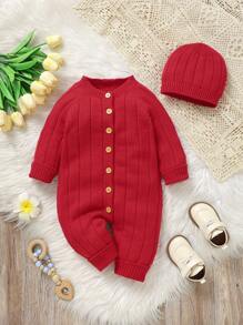 Baby Boy Solid Color Knitted Jumpsuit, Fall & Winter - Red - View 1