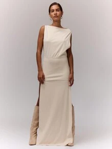 MUSERA Vestido largo elegante de cuello de barco con abertura lateral para primavera, verano, vacaciones, fiesta, boda, despedida de soltera, graduación, baile de graduación - Crema - Ver 1