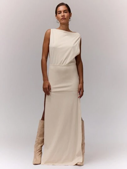 MUSERA 船领侧开衩长款连衣裙，优雅春夏度假派对新娘单身派对婚礼长裙