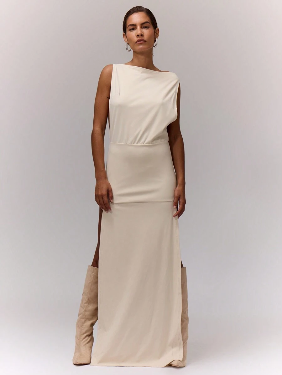MUSERA Vestido largo elegante de cuello de barco con abertura lateral para primavera, verano, vacaciones, fiesta, boda, despedida de soltera, graduación, baile de graduación - Crema - Ver 1