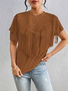 Chiquease Plain Round Neck Tassel Casual Short Sleeve T-Shirt